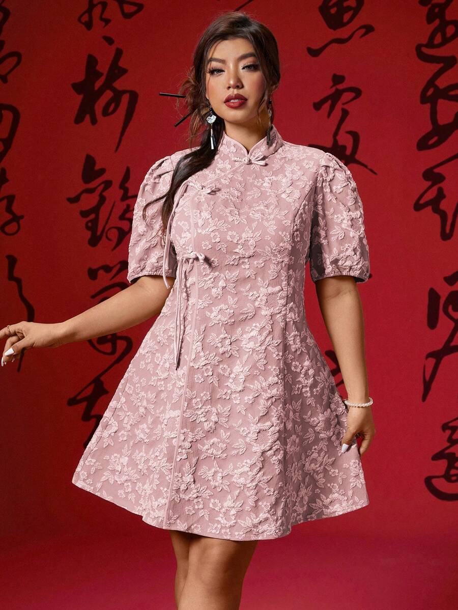 SHEIN LUNE 大码女式农历新年中式 A 字形连衣裙 - 粉色 - 查看 1