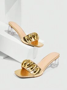 CUCCOO SZL Women's Metal Buckle Embellished Square Toe Block Heels Crystal Transparent Heel Sexy Luxury Comfortable Gold High Heel Sandals, Suitable For Beach, Night Club, Party, Banquet Spring Break Easter Prom Heels - Gold - View 4