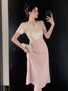 DAZY 亮片拼接圆领及膝女式连衣裙 舞会礼服 吊带裙，正式女装 优雅女装 新年女装 嘉年华服装