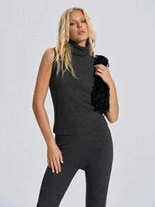 RueChic Grey Turtle Neck Top And Pants Set Simple Fashion Daily Casual - Dark Grey - View 6