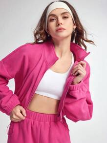 SHEIN Sports قميص ثقيل رياضي كاجوال أساسي بأكمام طويلة وسحاب أمامي للنساء - روز أحمر - مشاهدة 5