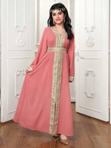 Sequin Patchwork Split Hem Dress With Long Sleeves For Teenage Girls - Pink - View 3