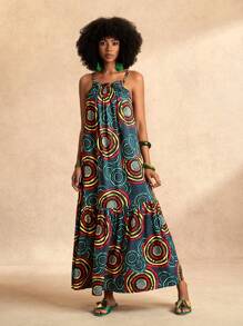 Slaydiva Beach New Spring And Summer Holiday Suspender Neck Pleated Sleeveless A-Hem Cake Skirt Pattern Dark Green Red Ring Pattern Printed Women's Maxi Dress