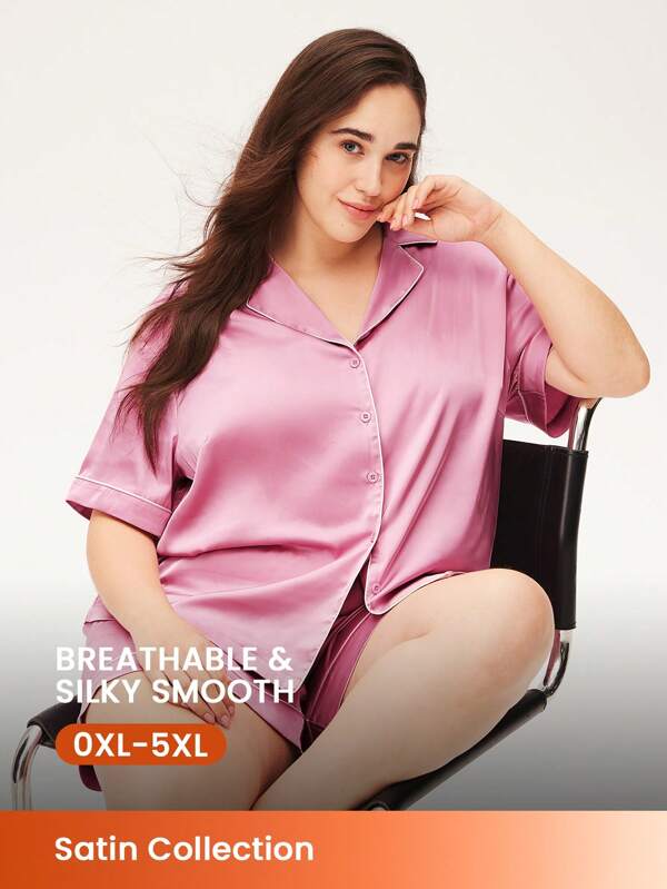 LUVLETTE Plus Silky Pink Satin Contrast Trim Short-Sleeve Button-Up Top & Shorts Loungewear Airy Pajama Set Lounge Sets For Women