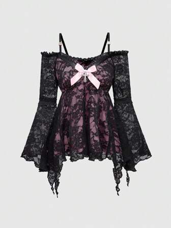 J-Fashion Maglietta da donna in stile retrò con maniche a sbuffo, inserti in pizzo e colore a contrasto, trasparente