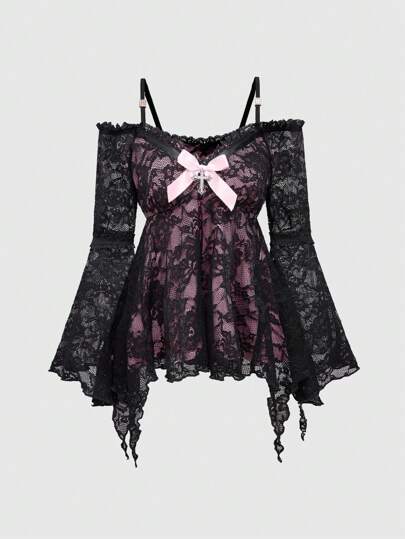 J-Fashion Retro Sweet Lace Splice Flare Sleeve Contrast Color Sheer Women T-Shirt