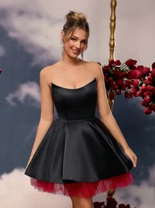 SHEIN Belle 优雅浪漫的黑色撞色红色网眼筒带泡泡双层下摆婚礼宾客礼服，适合晚会、情人节约会、返校季、毕业季舞会礼服返校节礼服 - 彩色 - 查看 5