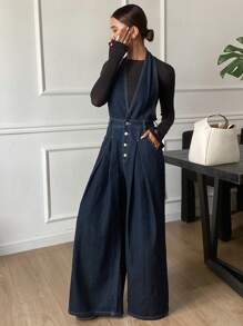 Livesso 女士无袖牛仔背带裤和连衣裤 - 深色水洗藍 - 查看 1