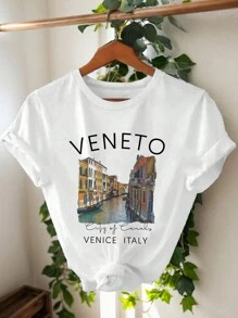 Calvaya 大码女式圆领 T 恤，带街景印花和英文字母印花，图案 T 恤，女式夏季上衣