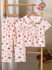 Young Girl' Apricot Cute Strawberry Heart Print Bubble Fabric Short Sleeve Top And Pants Home Outfit Set