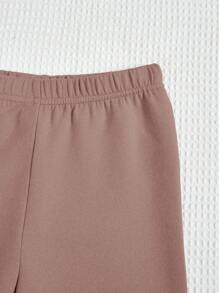 SHEIN مجموعة سروال ضيق بلون أحادي للفتيات المراهقات، أنيق للخريف/الشتاء، قطعتان - كاكي - مشاهدة 4