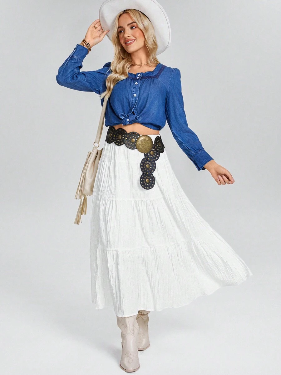 SHEIN LUNE Sun Skirt Boho Western Wear Women Women's Solid High Waist Tie-Up Textured Ruffle Trim Long Skirt