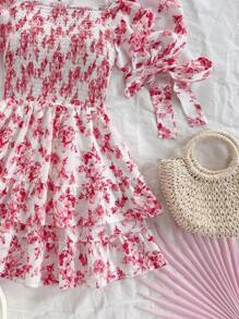 Soleia 花卉印花泡泡袖方领女式休闲度假连衣裙，适合春季