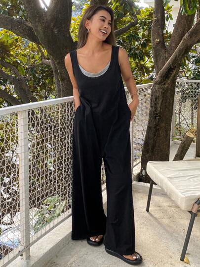 DAZY Mono negro holgado de 2 en 1 sin mangas, ropa de estar en casa minimalista, ropa de vuelta al colegio, pijama