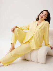 LUVLETTE Women's Plus-Size Yellow Soft 100% Pure Cotton Basic Button-Up Top & Pants Loungewear Pajama Set Pants With Pockets Lounge Sets For Women Fall Pajamas Clothes,Spring And Summer - Yellow - View 8