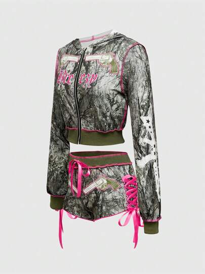 ROMWE Avant 2pcs Y2K Fashion Camouflage Gun Embroidery & Glitter Print Sweatshirt And Shorts Set For Women