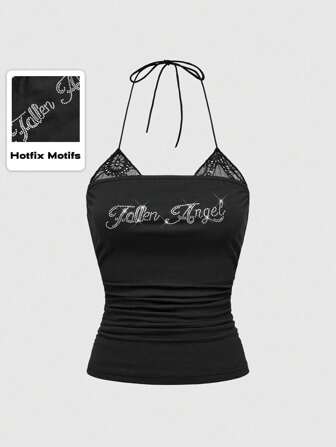 Femmes Débardeur à encolure ras-du-cou orné de strass 2 en 1 avec garniture en dentelle