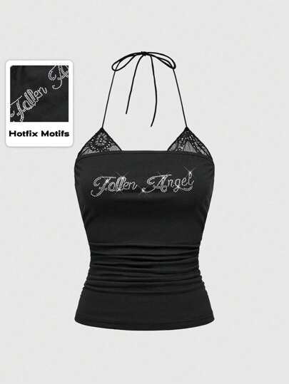 Canotta da donna con decorazione di strass e balza di pizzo, collo a altaglio, 2 in 1