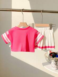 2pcs/Set Baby Girl Infant Toddler (0-3 Years) Fashion Sports V-Neck Fuchsia Short Sleeve Jersey T-Shirt And Pleated Skirt Outfit Girls Outfit Sets