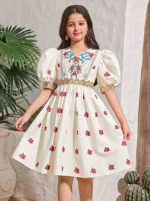 SHEIN Leap Crew Tween Girls' Vacation Casual Party Dignified V-Neck Short Puff Sleeve Belted Splice Dress - Multicolor - View 4