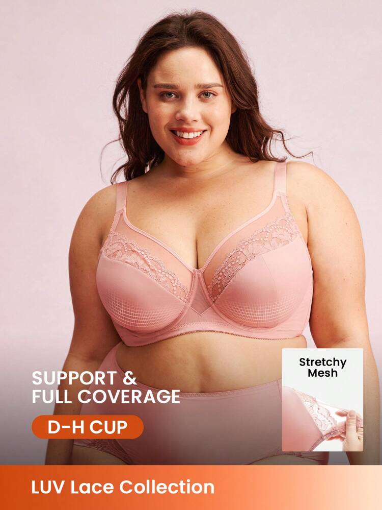 Damen Große Größen Lingerie Lounge Kurve transparente Volldeckung mit Unterstützung & atmungsaktiv Unterbügel-BH, sexy ungepolsterter rosa Spitze Eleganz & Mesh Minimizer BH Braut Wäsche
