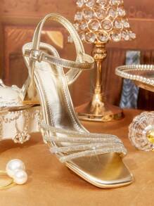 CUCCOO TILAWA Women's Stylish Square Toe Rhinestone Decor Elegant High Heel Sandals Spring Shoes Spring Break Easter Prom Heels For Christmas Valentine's Day - Gold - View 6