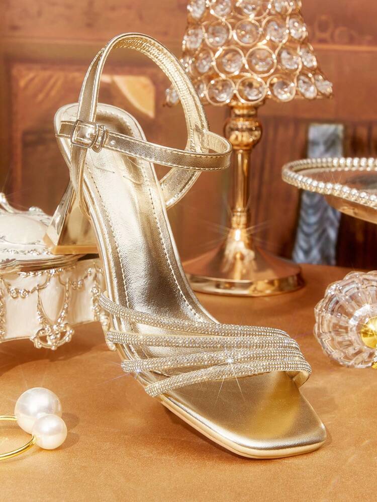 CUCCOO TILAWA Women's Stylish Square Toe Rhinestone Decor Elegant High Heel Sandals Spring Shoes Spring Break Easter Prom Heels For Christmas Valentine's Day