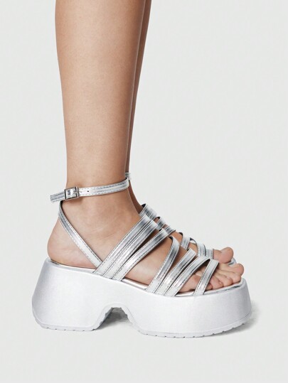 Grunge Punk Women's Gothic Strappy Silver Platform Sandals, Summer Open Toe Punk Rock Wedge Slides