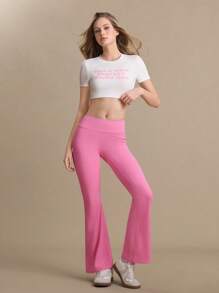 女士简约喇叭运动裤，日常休闲穿着 - 玫紅色 - 查看 5