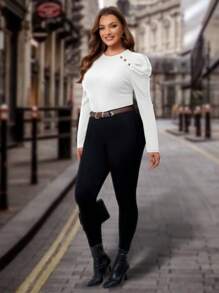 SHEIN Clasi Plus Size Plain Crew Neck Long Sleeve Button Casual T-Shirt - White - View 6