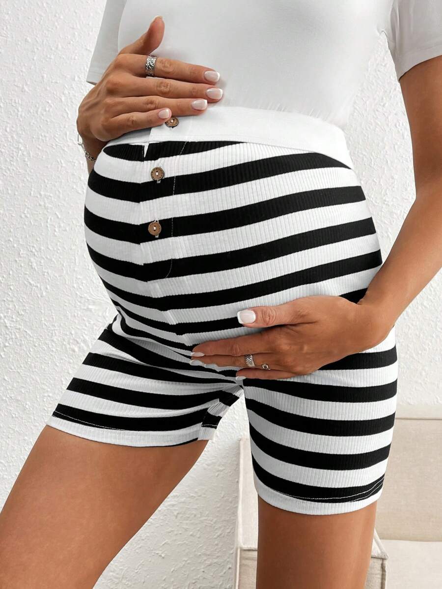 SHEIN 孕妇条纹修身休闲短裤，时尚日常穿着 - 黑與白 - 查看 1