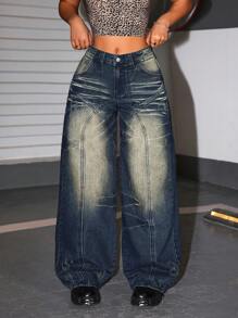 SHEIN ICON Women's Pockets Loose Fit Flare Leg Casual Versatile Jeans - Blue - View 4