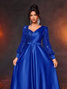 Glamrae Váy Maxi Satin Vá Đính Hạt Dài Tay Thanh Lịch Với Thắt Lưng Có Thể Tháo Rời, Váy Dự Tiệc Cưới, Thích Hợp Cho Đám Cưới, Tiệc Tùng, Kỳ Nghỉ, Tốt Nghiệp, Dạ Hội, Mẹ Cô Dâu, Váy Trang Trọng, Váy Dạ Hội, Váy Áo - Xanh đậm - Xem 1