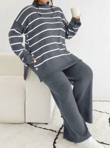 RueChic Striped Pattern Drop Shoulder Sweater & Flare Leg Knit Pants - Grey - View 3