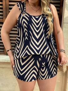 SHEIN VCAY 加大码优雅靛蓝几何图案衬衫搭配宽松口袋短裤，两件套，度假休闲装，波西米亚风，西部风，沙滩装，女士夏季服装 - 藍色 - 查看 6