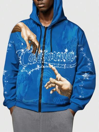 Street Life Sudadera con capucha casual de manga larga con cremallera delantera y estampado de letras para hombre, diseño básico