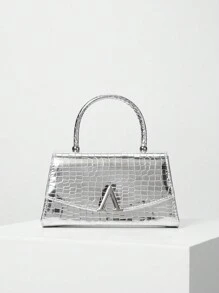 Women's Solid Color Mini Square Satchel Evening Bag, Elegant Dinner Chain Bag For Women,Elegant,Exquisite Patent Square Evening Bag For Party Dinner Bag,Clutch Bag For Party Girl,Woman,For Female Perfect For Party,Wedding,Prom,Dinner/Banquet,Best Gift For Women's Clip Glitter Dinner Wallet For Carnival Wedding Handbag For Party And Prom - Silver - View 2