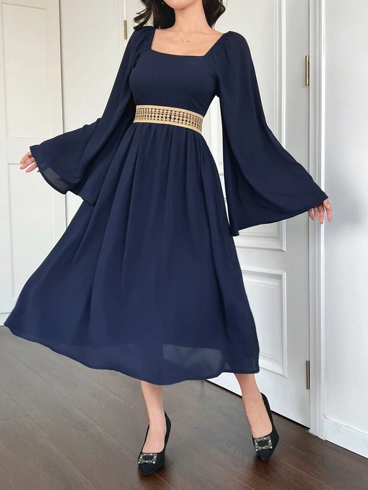 Women Square Neck Solid Color Splice Long Sleeve Simple Elegant Mid-Length Dress Prom Dress,Formal Women Dresses,Fall Dress Carnival Maxi Dress