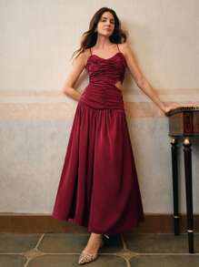 Anewsta Elegant Wine Red Woven Pleated Slip Dress For Women, Summer, Valentine's Day