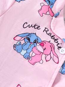 2pcs/Set Young Girl Cute Rabbit Print Flame Resistant Short Sleeve Shirt And Pants Pajama Set,Pink,Summer,Fairy,Family Matching,Holiday Travel Sleep - Pink - View 3