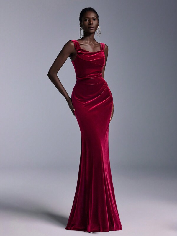 Elitara Burgundy Red Bridesmaid Dress With Wide Straps, Mermaid Silhouette, And Velvet Fabric, Wedding Guest Dress Party Dress Formal Dress Evening Dress,Gown