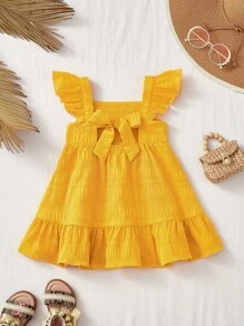 SHEIN Baby Girl & Mother Matching Ruffled Trim Yellow Summer Vacation Dress - Yellow - View 2