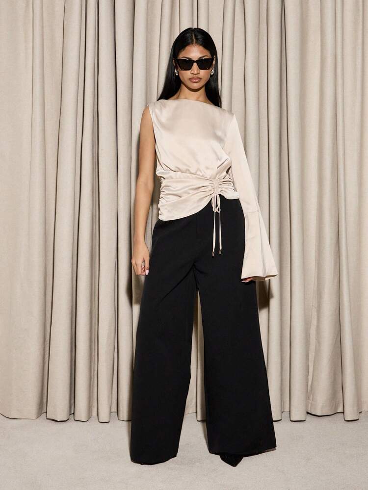 Asymmetric One Sleeve Ruched Satin Blouse