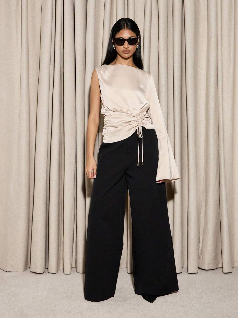 AiiRZ Luxury Asymmetric One Sleeve Ruched Satin Blouse With Statement Flared Bell Sleeve Elegant Evening Party Top Wedding Guest Formal Wear
