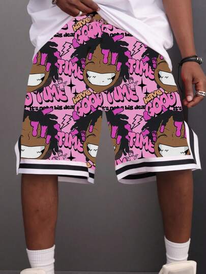 SHEIN Bolty 1 Pc Teen Boy's Loose-Fitting Men's Drawstring Shorts With Letter Print And Striped Hem , Graphic Shorts , Pink Shorts , Men's Shorts;Spring Wear; Teen Boys' Clothing; Teen Boy' Jackets, Spring Back To School