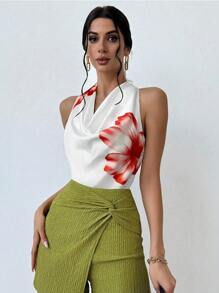 Firerie Blusa elegante, romántica y fashionable para el día a día, adecuada para fiesta, vacaciones, citas románticas y atuendo de boda, cumpleaños, Día de San Valentín - Blusa naranja con estampado floral, tipo halter y tirantes