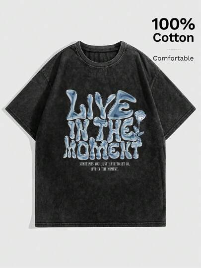 Grunge Punk Women's Slogan Printed Acid-Washed T-Shirt LIVE IN THE MOMENT SOMETIMES YOU JUST HAVE TO LET GO, LIVE IN THE MOMENT, School, Unisex