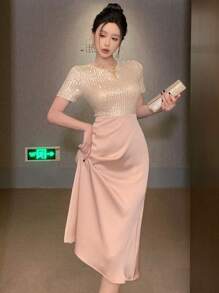 DAZY 亮片拼接圆领及膝女式连衣裙 舞会礼服 吊带裙，正式女装 优雅女装 新年女装 嘉年华服装