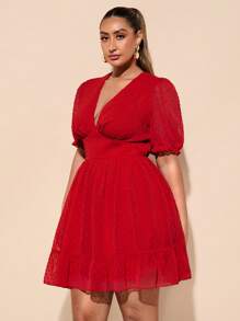 SHEIN BAE Robe d'été/printemps élégante et décontractée pour femmes grandes tailles, manches bouffantes rouges, col V, coupe évasée. Robe mini chic, ajustée à la taille, robe en mousseline à pois. Robe de graduation, robe invitée de mariage, robe de soirée