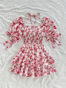 Soleia 花卉印花泡泡袖方领女式休闲度假连衣裙，适合春季